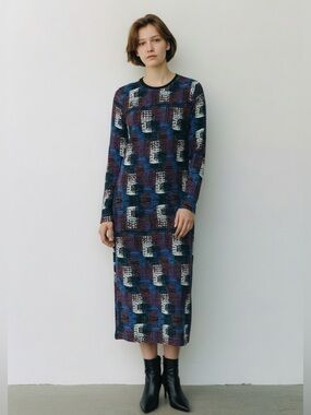 JENNI KAYNE BLUE BLACK RED MULTI COLOR SILK LONG SLEEVE DRESS VRY GD COND (M)